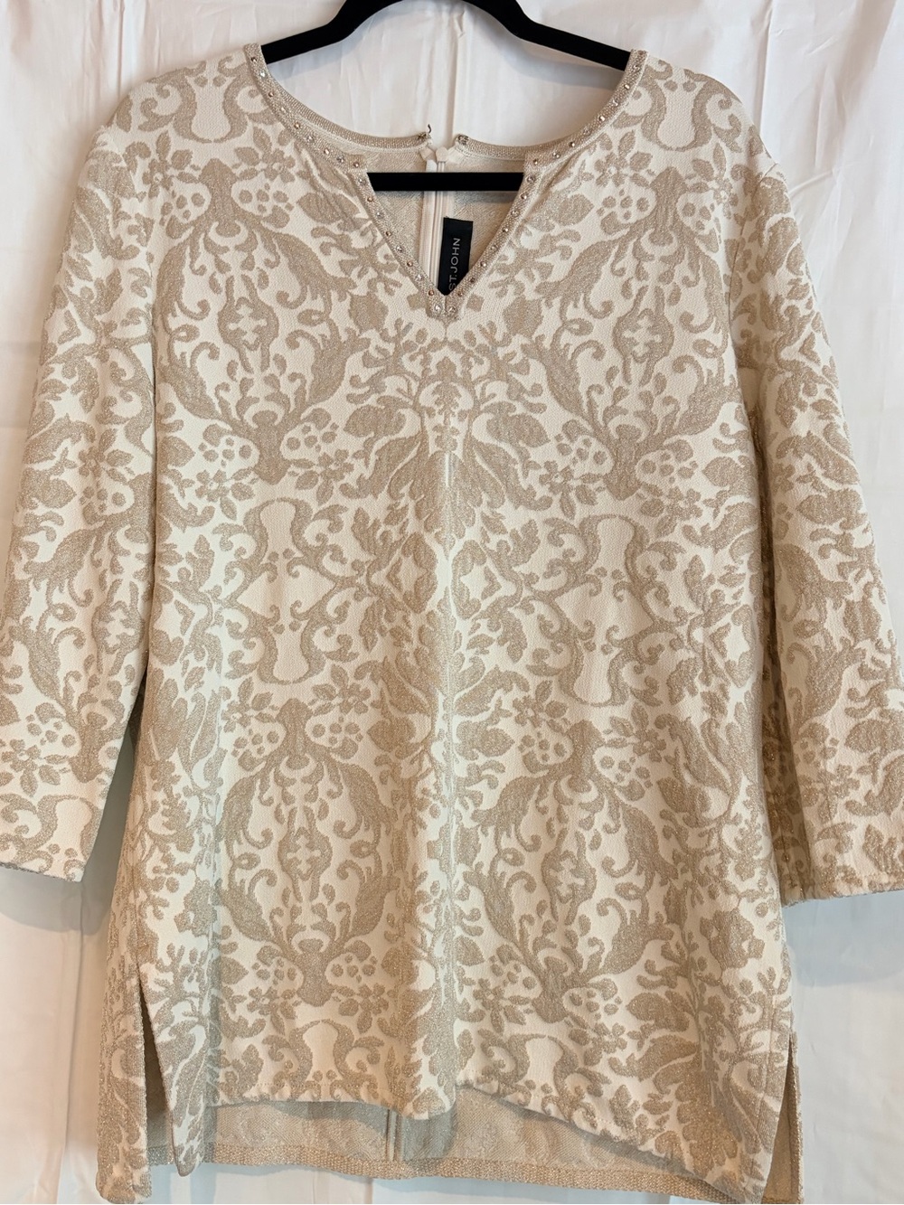 St. John Cream and Beige Damask V-Neck Tunic with Embellished Neckline